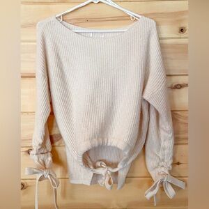 Altar’d State Y2K Cream Tie Soft Cropped Sweater with Bow Tie Sleeves & Keyhole